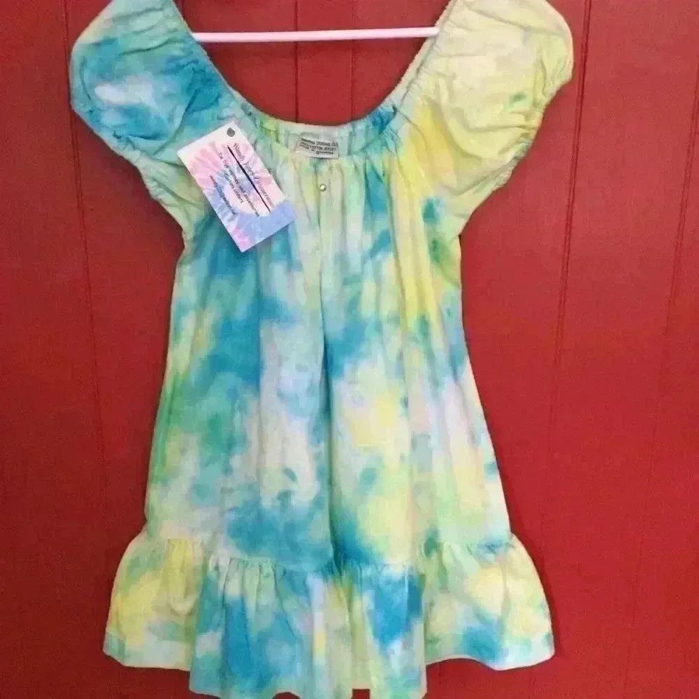 New! Hand Tie dye Puff Sleeve Single Flounce Dress Easter 100% cotton girls 4